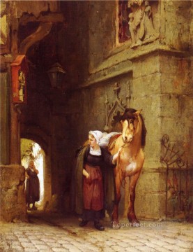 Liderando el caballo desde el establo Frederick Arthur Bridgman Pinturas al óleo